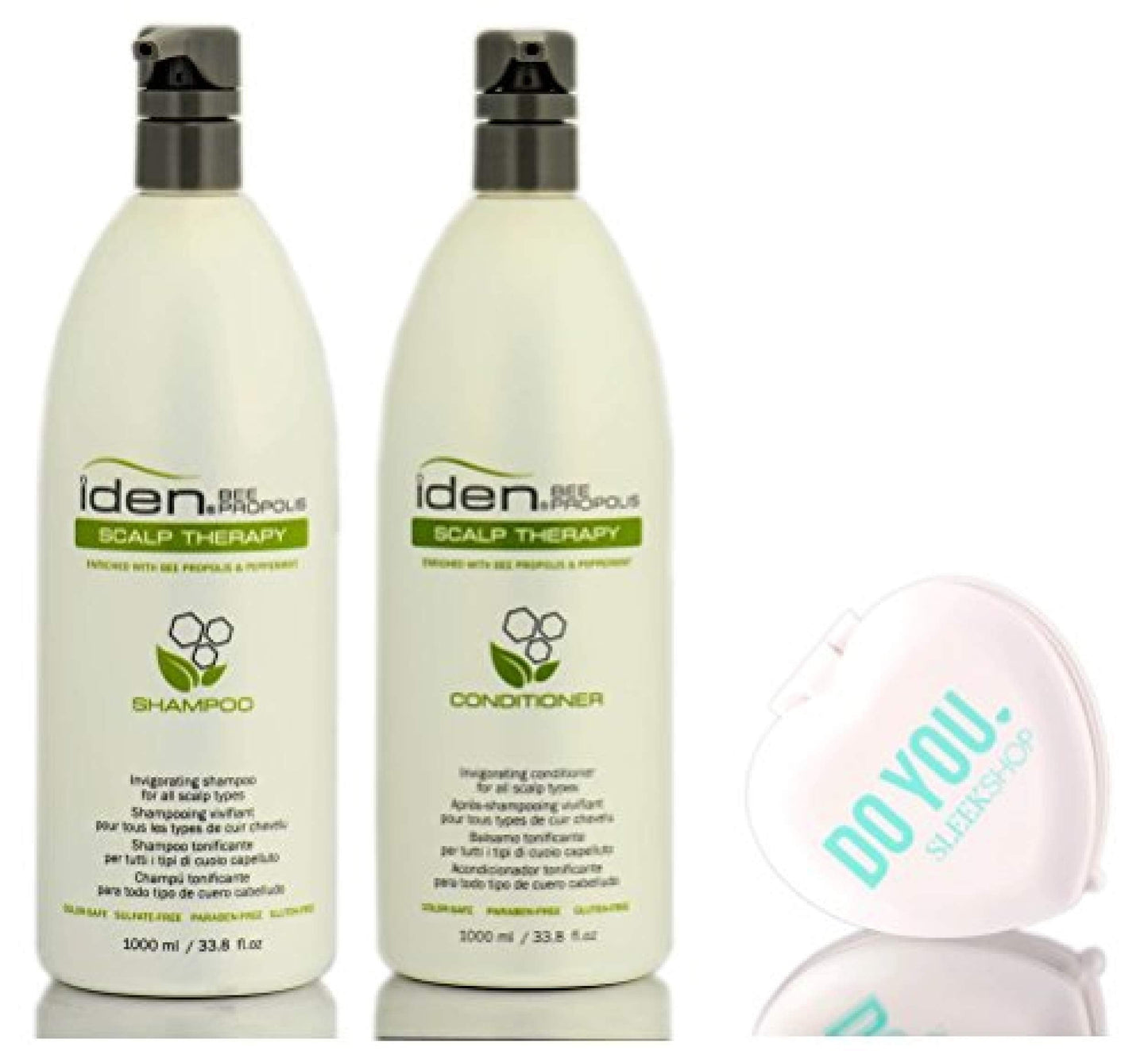 Iden Bee Propolis SCALP THERAPY Shampoo & Conditioner DUO Set (with Sleek Compact Mirror) (33.8 oz/1000ml - Large Liter DUO Kit)