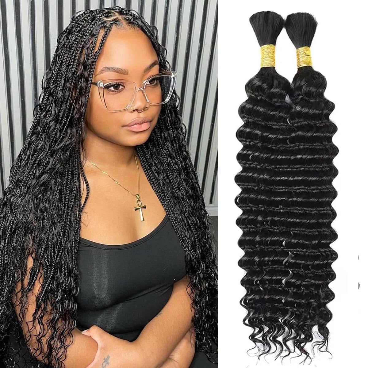 Human Braiding Hair Deep Wave Bulk Human Hair for Braiding 100g 2Bundles/Pack No Weft Curly Braiding Hair Bulk Curly Human Hair for Boho Braids (Natural Black, 28 Inch)