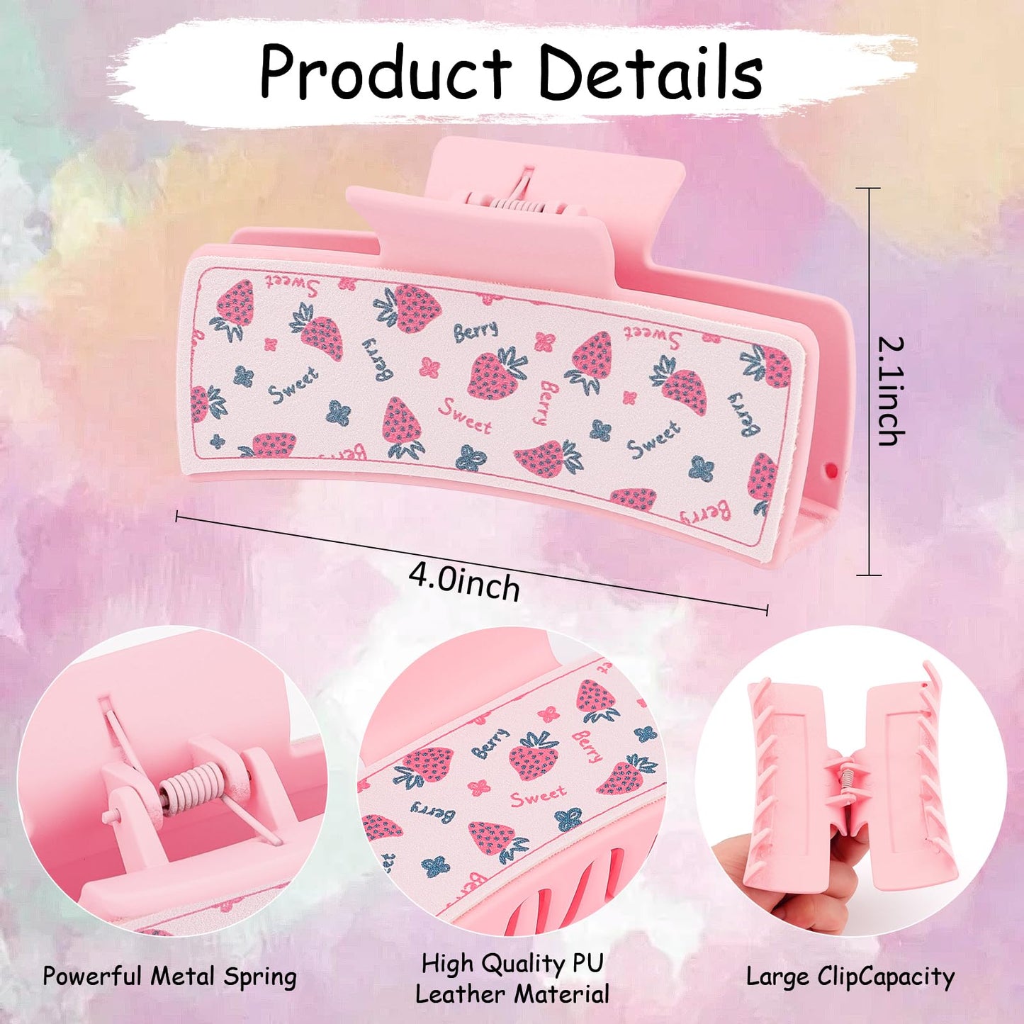 Hapdoo Pink Western Claw Clips, PU Leather Square Hair Clips Western Accessories for Cowgirl, Strawberry 4” Western Hair Clips Set Country Stuff Gifts for Women Girls