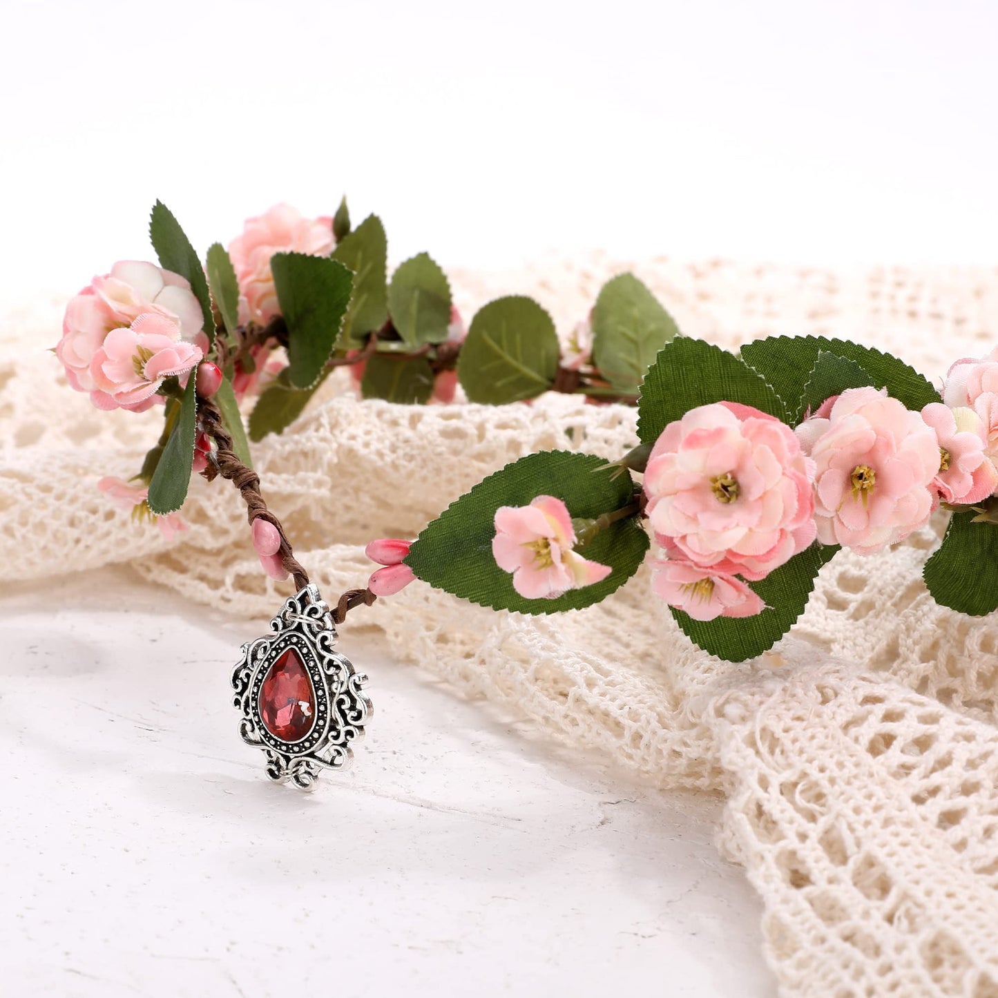 MOSTORY Pink Elf Flower Crown - Handmade Fairy Floral Headband Woodland Circlet Forest Tiara for Women Renaissance Renfaire Halloween Cosplay Photo Shoot