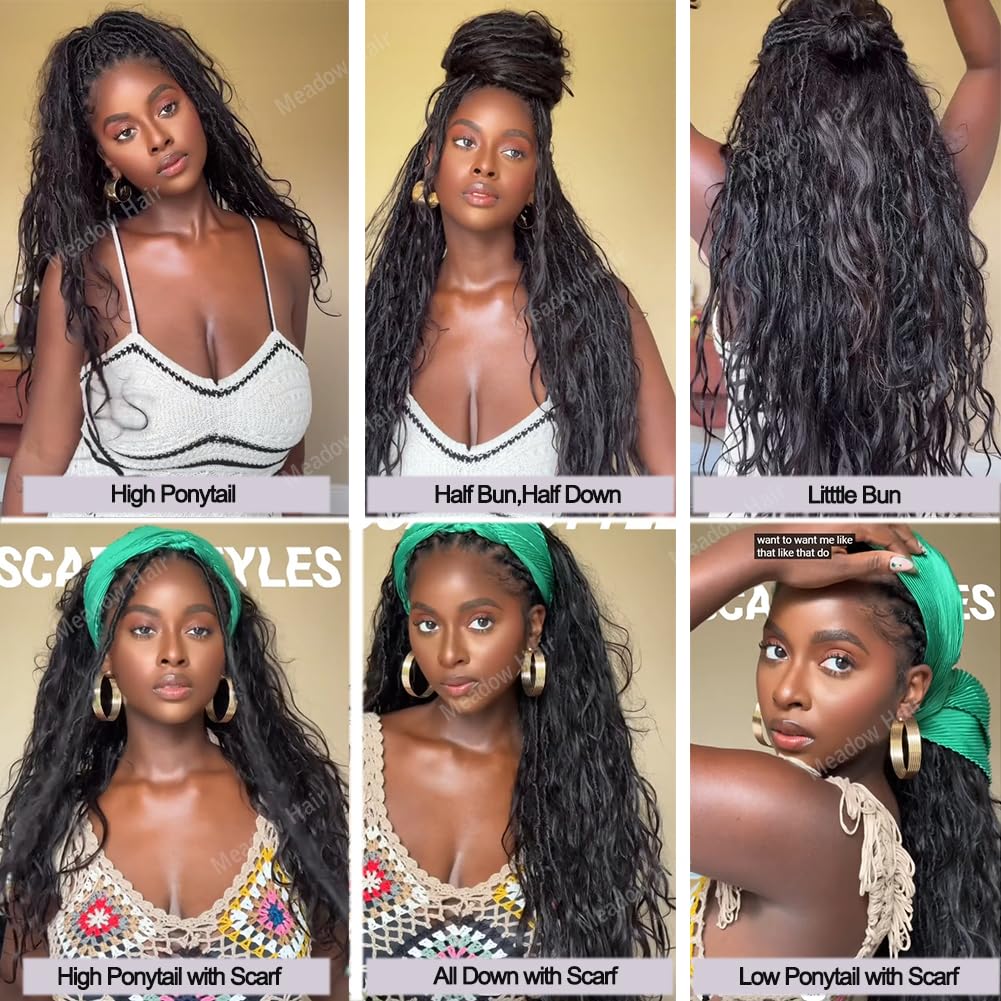 Meadow hair Boho Faux Locs Human Hair Curls Crochet Bohemian Braids Human Hair Knotless Pre Looped Synthetic Goddess Braids With Human Hair Curly Ends Body Wave For Braiding 22Inch 24Locs