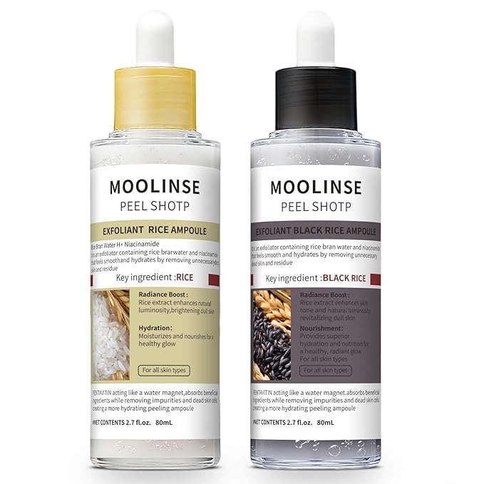 Peel Shot Glow Rice Ampoule Duo – 2 PCS White & Black Rice Facial Serum, Soft Exfoliating Scrub Dead Skin Cells Remover,Gentle Peel & Deep Hydration for All Skin Types