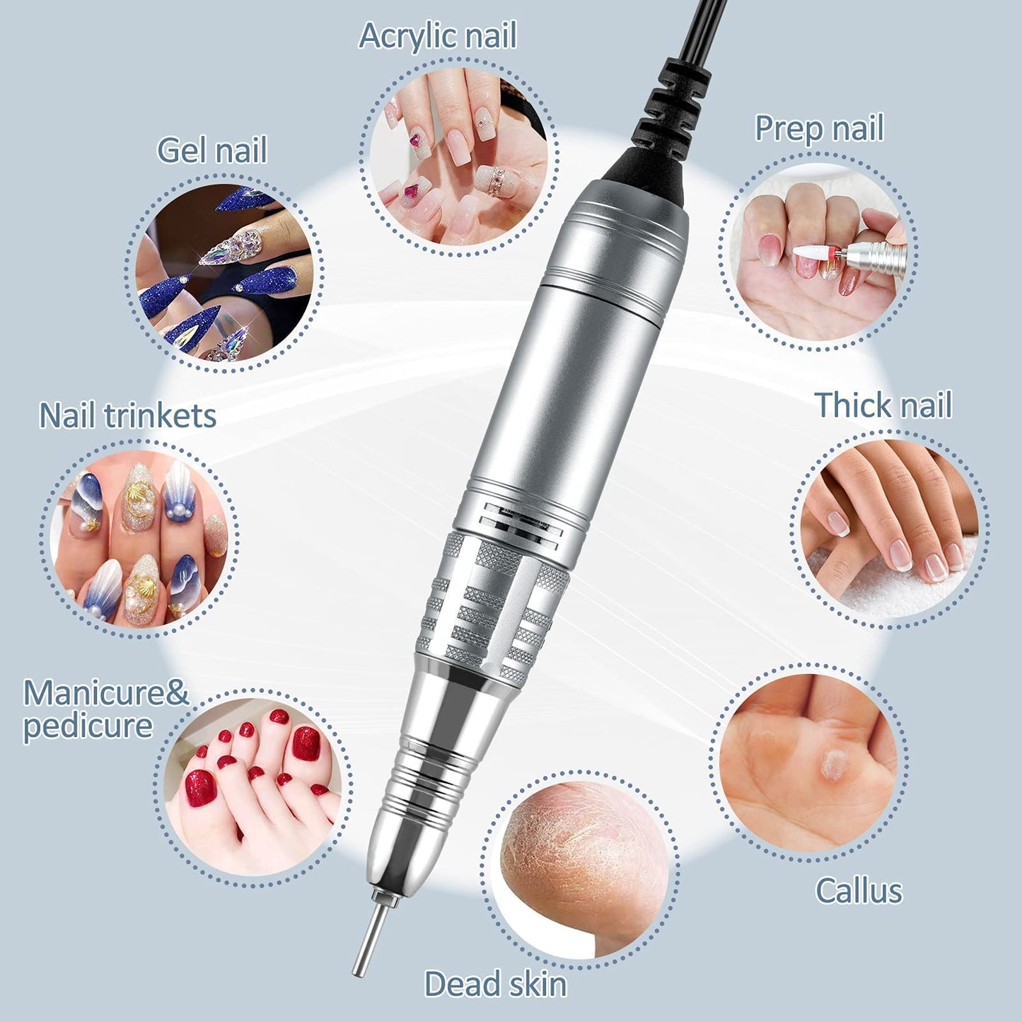 Madenia Professional Nail Drill Machine for Acrylic Nails and 11pcs Tungsten Carbide Nail Drill Bits, Gray