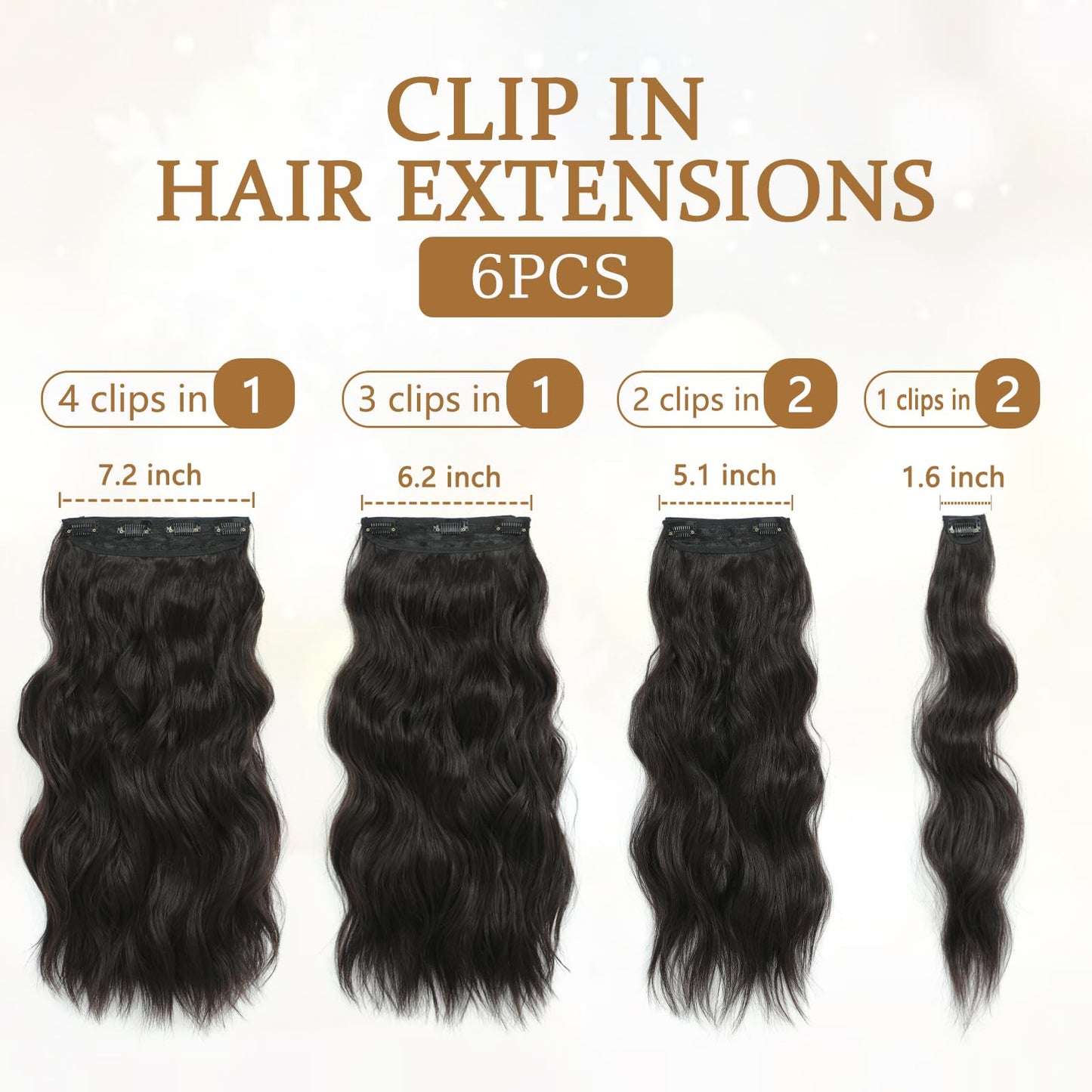 Clip in Hair Extensions for Women, 6PCS Long Wavy Curly Clip on Hair Extensions 20 Inch Synthetic Thick Hairpieces (Dark Brown, 20 Inch)