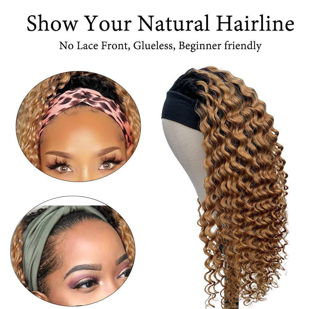 Glueless Headband Human Hair Wigs Deep Wave Ombre Natural Black to Strawberry Blonde Highlight No Lace Front Wigs 14 inch 150% Density Full Ends for Black Women with Pre-attached Scarf 1b27 Colored