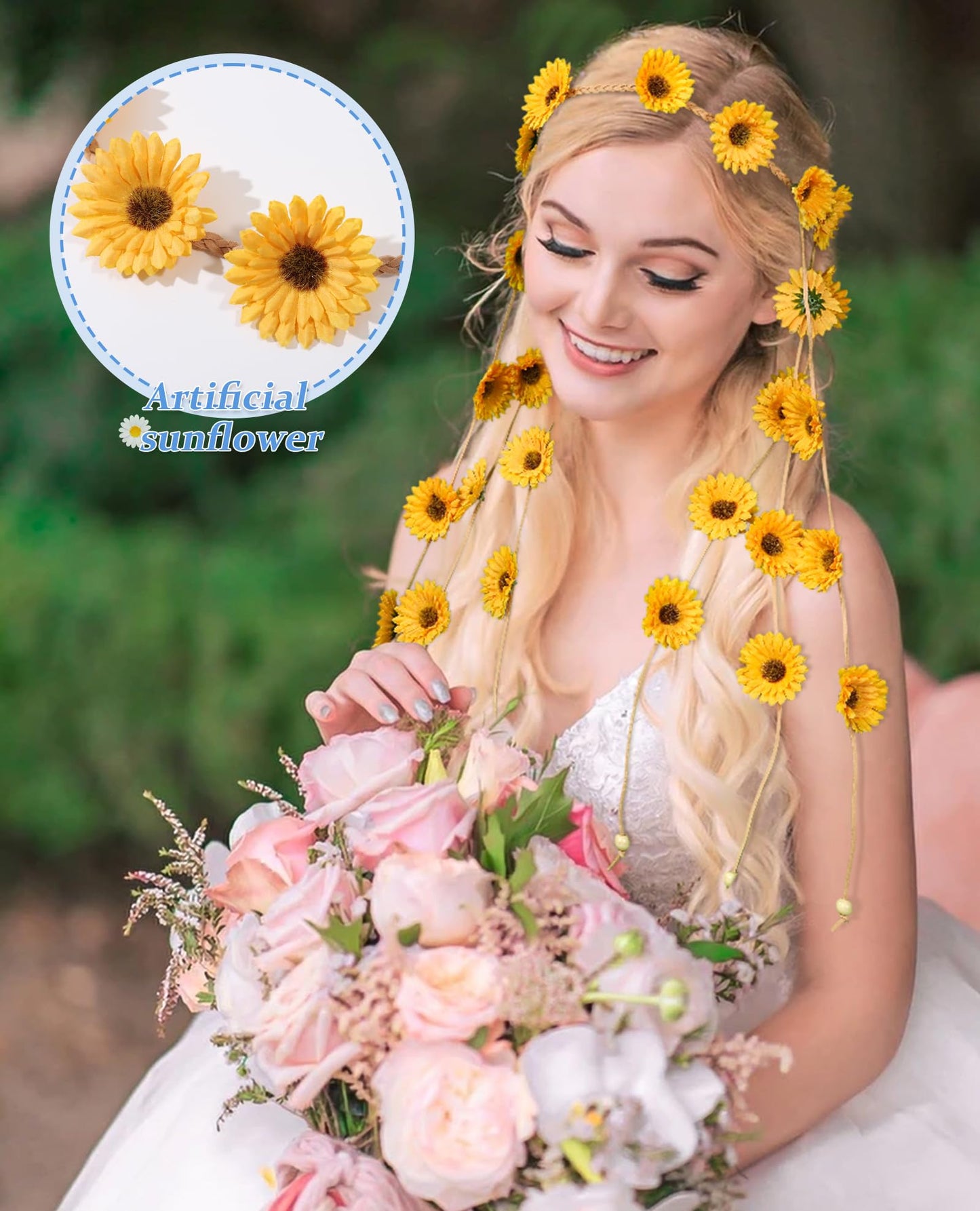 CHLINS Hippie Headband Flower Crown Bohemian Sunflower Headband Flower Headpiece Hippie Costume 60s 70s Outfits for Women (Yellow)