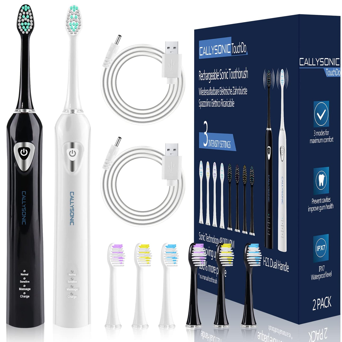 Electric Toothbrush, Whitening Sonic Toothbrush Dual Handles with 8 Bursh Heads, for Adults and Kids, 48,000 VPM - 3 Modes - Smart Timers - 4 Hours Charging for 45 Days Use (Mix-2 Handle)