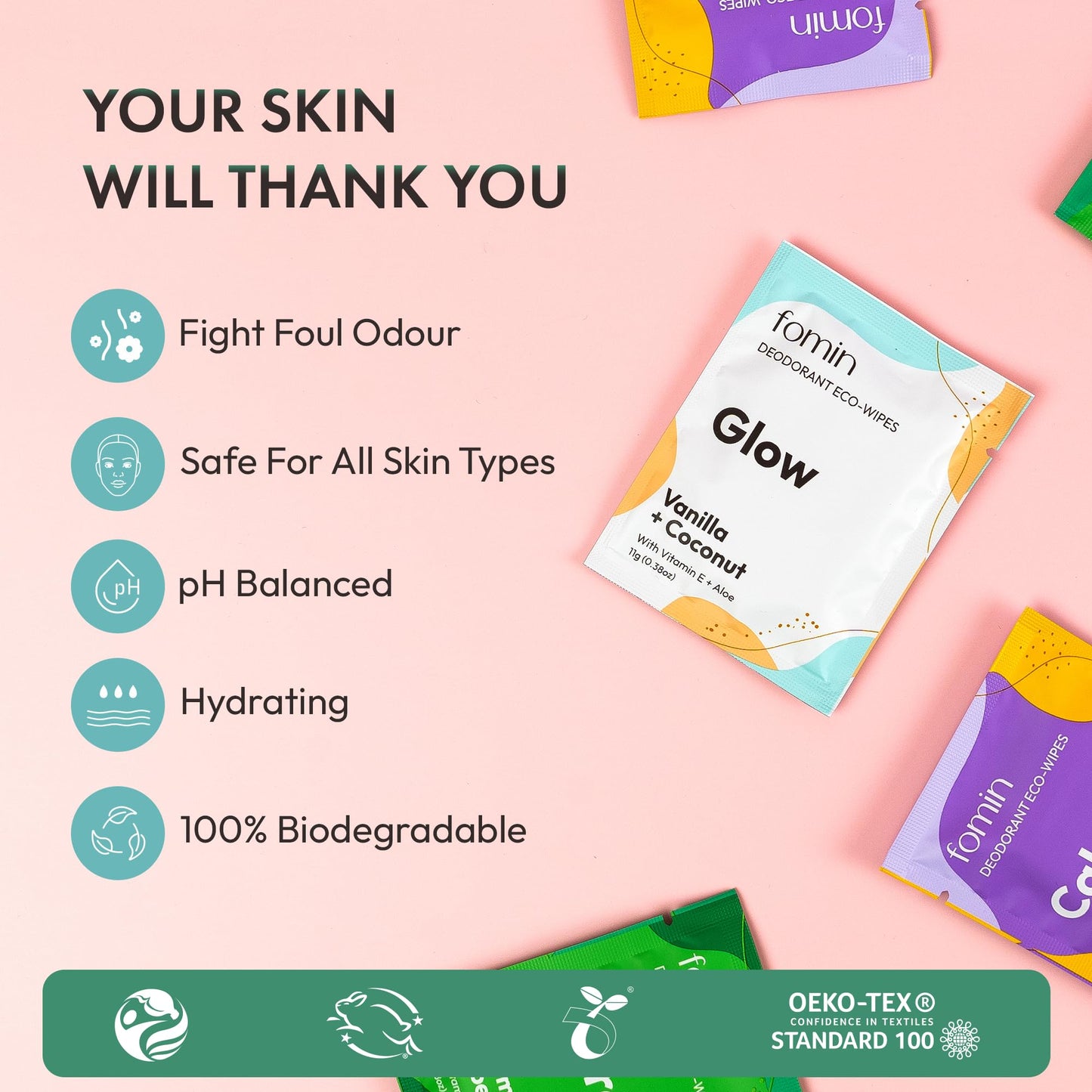 FOMIN Travel Deodorant Wipes - 50 Count - Variety Pack - pH Balanced, Hypoallergenic Mini Deodorant Wipes For Women and Men - Plastic-Free, Individually Wrapped Underarm & Body Wipes
