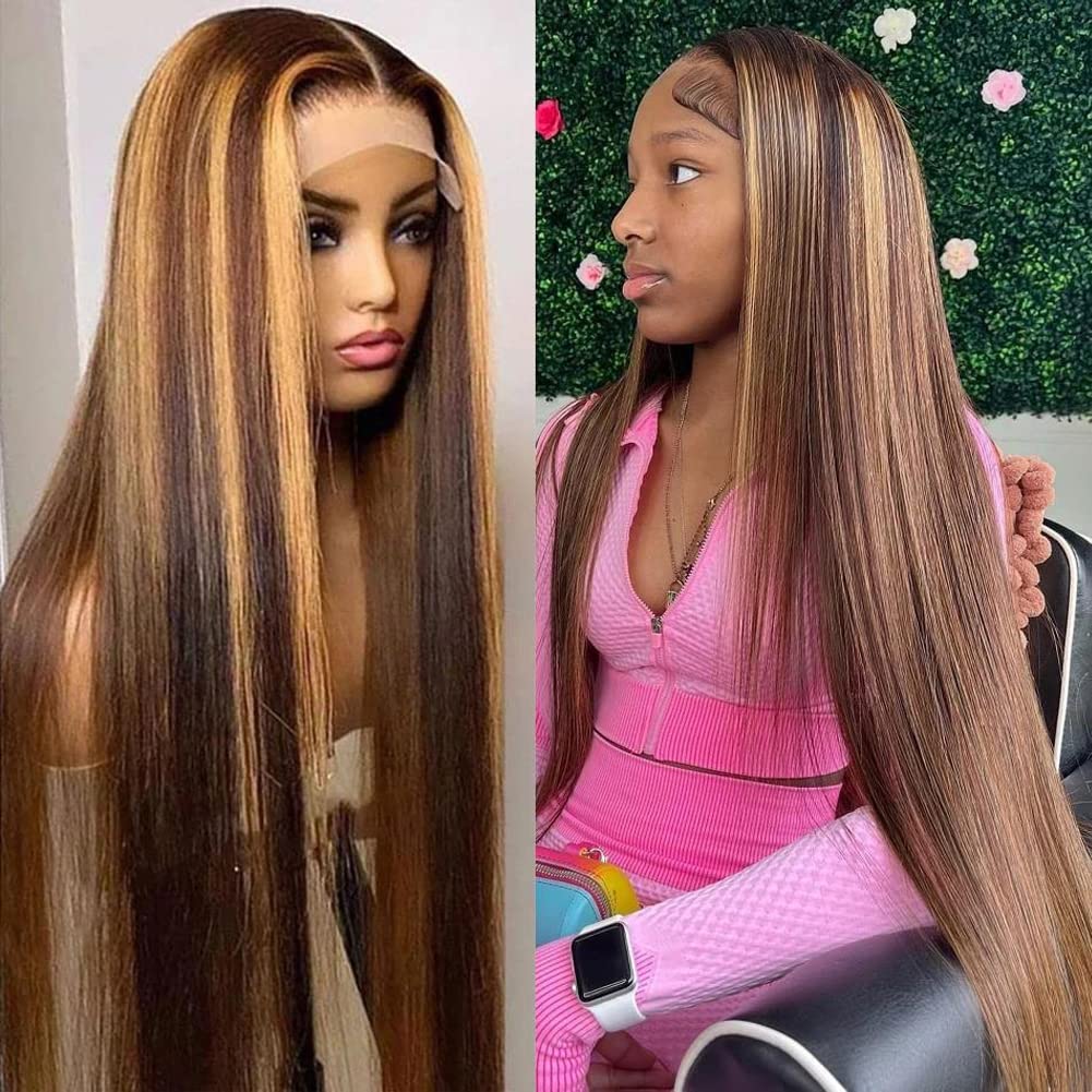 Healthair Ombre Lace Front Wigs Human hair Highlight 4/27 Honey Blonde Lace Front Wig 180% Density Straight Human Hair Wig 13x4 HD Transparent Lace Wigs for Black Women (4/27, 22inch)