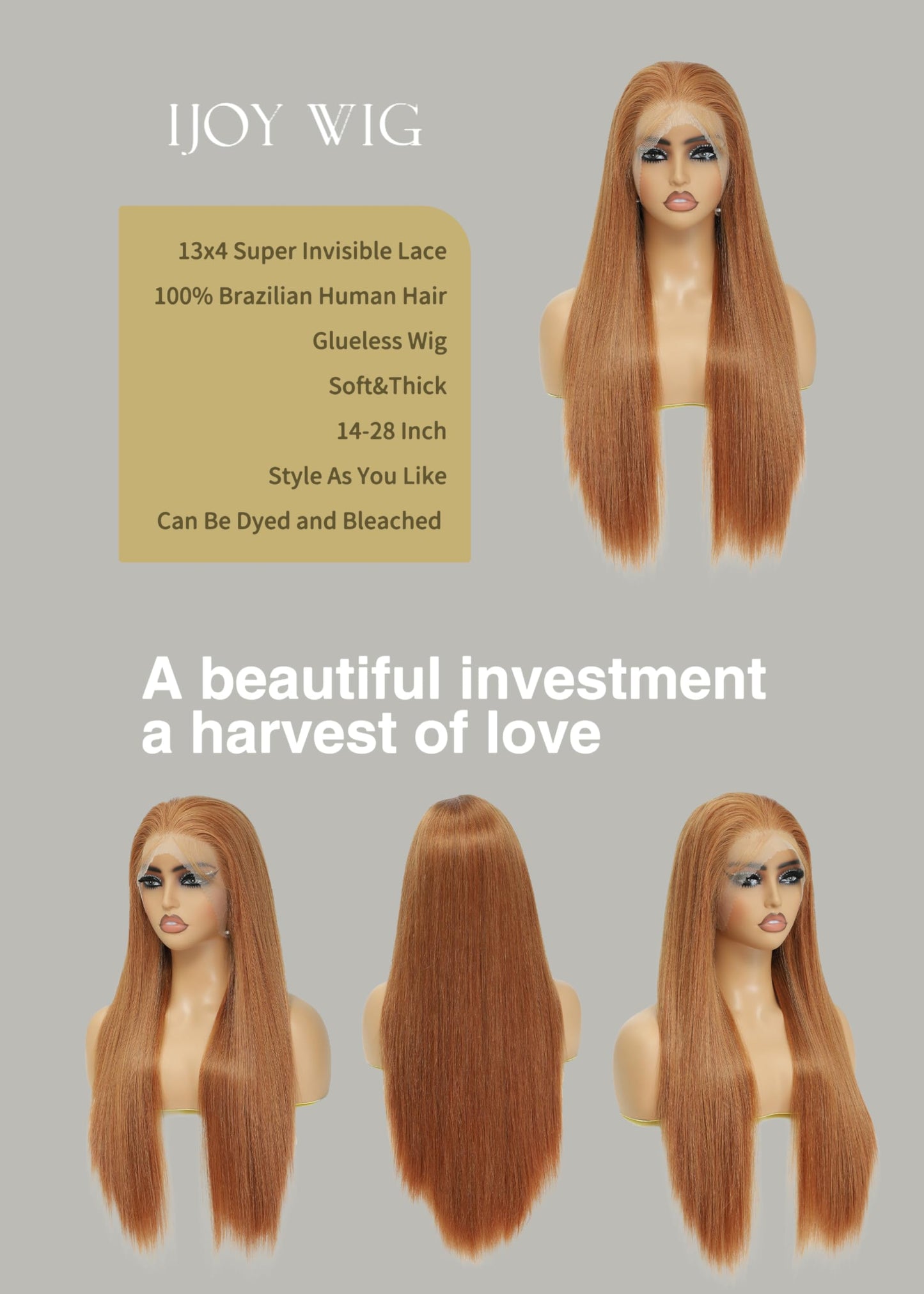 ijoy Light Brown Lace Front Wigs Human Hair 180% Density 13x4 Lace Front Wigs Human Hair Ginger Brown Straight Wig Pre Plucked with Baby Hair For Women 14 Inch