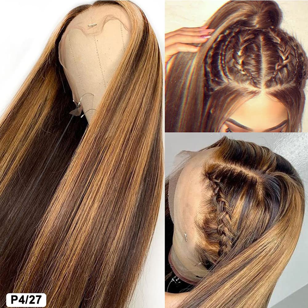 Healthair Ombre Lace Front Wigs Human hair Highlight 4/27 Honey Blonde Lace Front Wig 180% Density Straight Human Hair Wig 13x4 HD Transparent Lace Wigs for Black Women (4/27, 22inch)