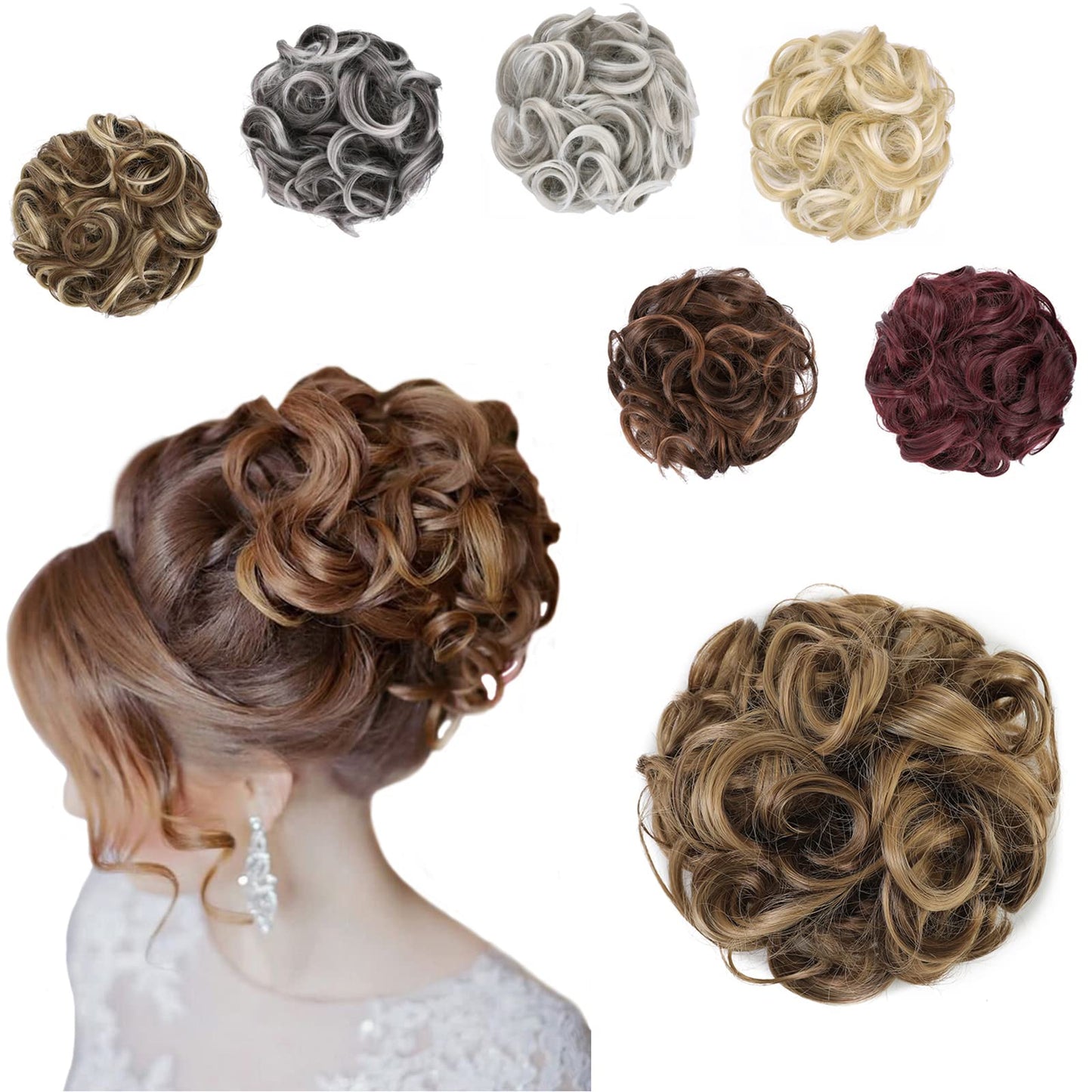 Elaine Big Messy Bun Extension Curly Hair Buns Hair Pieces for Women Synthetic Wavy Large Scrunchies Thick Updo Ponytail (Medium Ash Brown & Light Ash Blonde Highlights -#83A)