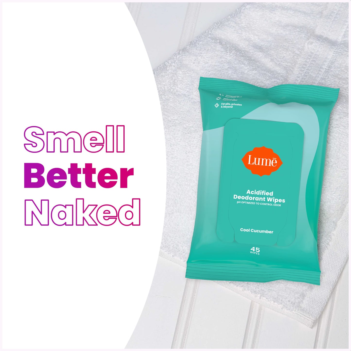 Lume Acidified Deodorant Wipes - 24 Hour Odor Control - Aluminum Free, Baking Soda Free, Skin Loving - 45 Count (Pack of 2) (Cool Cucumber)