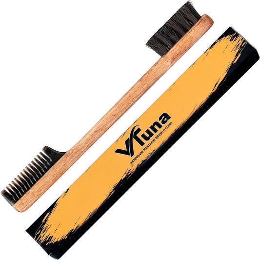2-in-1 Beard Comb & Brush - Mustache & Beard Comb for Men. Handcrafted from Solid Wood, Buffalo Horn, and Cow Tail Hair. Comes in a Box, Perfect for Gifting.
