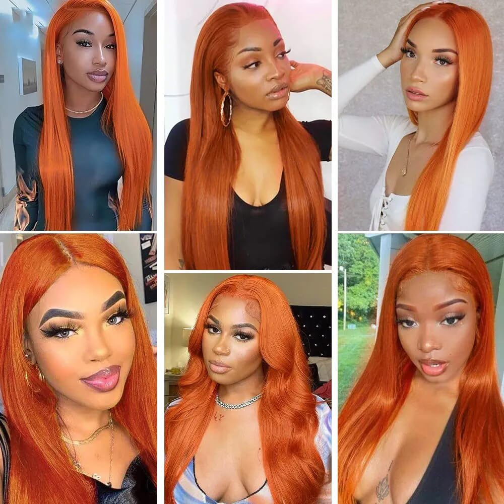 Ginger Orange Straight Bundles Color 350 Human Hair Bundles Ginger Hair Straight Bundles Double Weft Remy Hair Soft and Silky Weave Extensions Bundles for Black Woman (24 24 24 inch,3 Bundles)