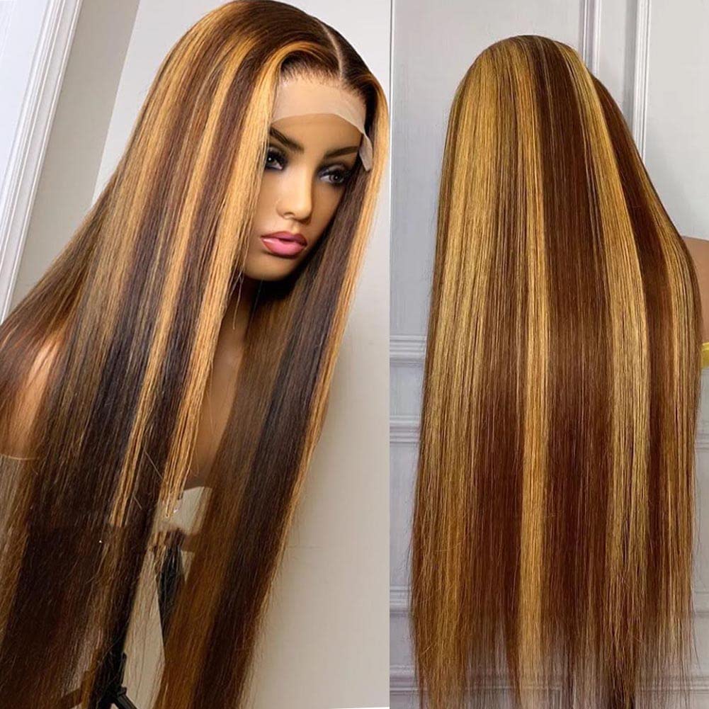 Healthair Ombre Lace Front Wigs Human hair Highlight 4/27 Honey Blonde Lace Front Wig 180% Density Straight Human Hair Wig 13x4 HD Transparent Lace Wigs for Black Women (4/27, 22inch)