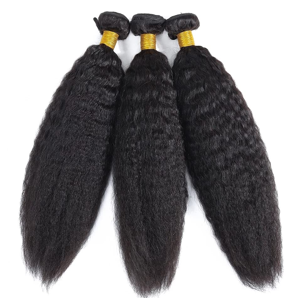 Color 1B Kinky Straight Bundles Human Hair 1B Yaki Straight Bundles 8a Grade Double Weft Brazilian Remy Hair Weave Extensions Soft and Silky for Black Women (24 26 28 inch 3 Bundles)