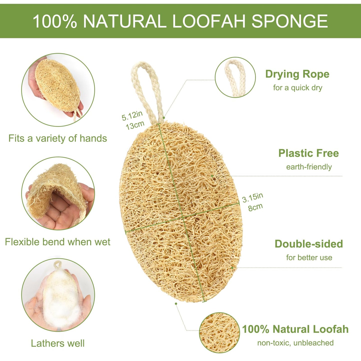 FRTIM 3Pcs Natural Loofah Exfoliating Body Scrubber,Shower Loofah for Back and Face Skin, Back Scrubber for Men Wowen,Scrub Sponges Biodegradable Eco Friendly Sponges, Non-Scratch-Oval