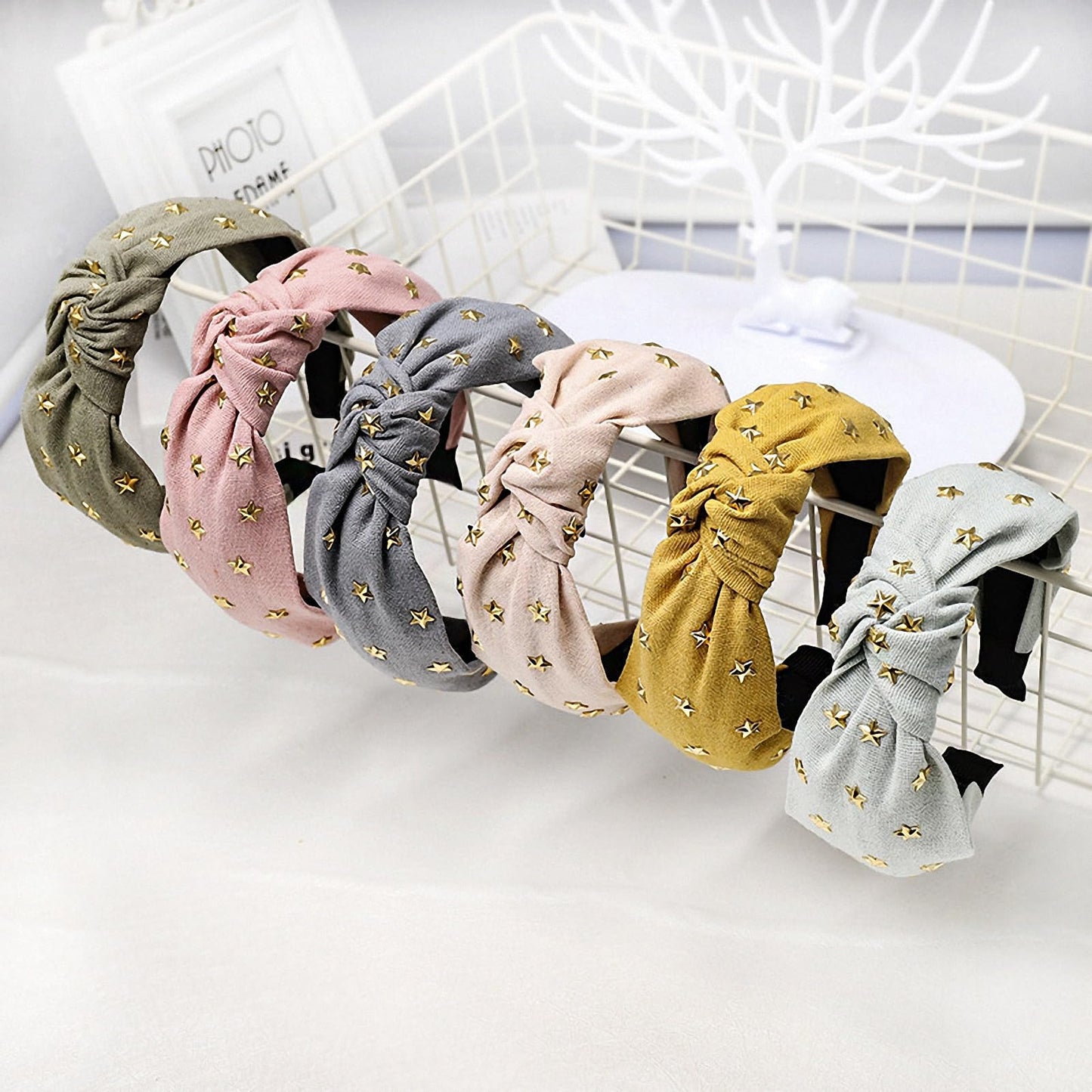 Women Bohemian Ethnic Denim Braided Headband with Hot Stamping Metal Cute Star-Studded Center Twisted Knot Design Hair Band Wide Edge Three-Dimensional Non-Slip Vintage Embellishments Hair Hoop