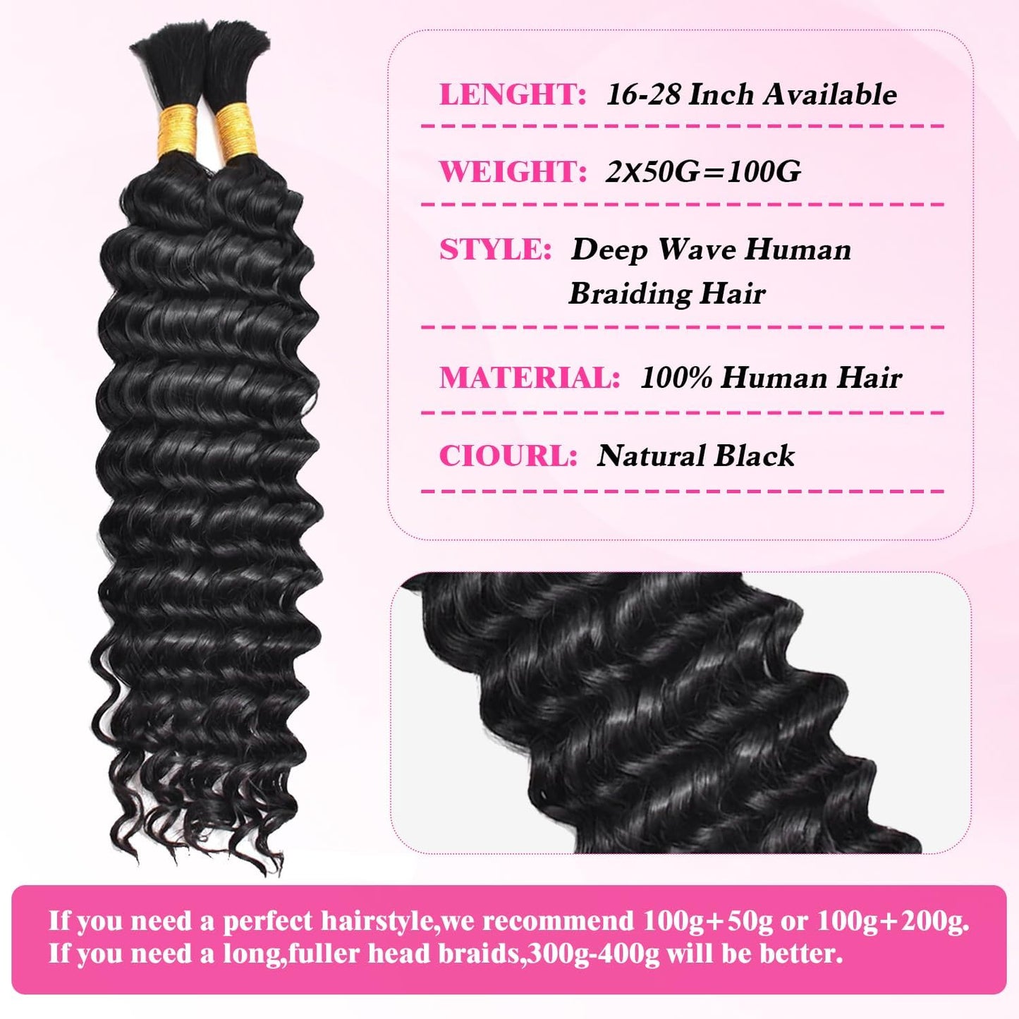 Human Hair Braiding Hair 100% Human Hair Deep Wave Braiding Hair Curly Human Hair Extensions for Boho Braids 2 Braids Per Pack 100g 24 Inch No Weft Boho Human 1B Braiding Hair Extensions