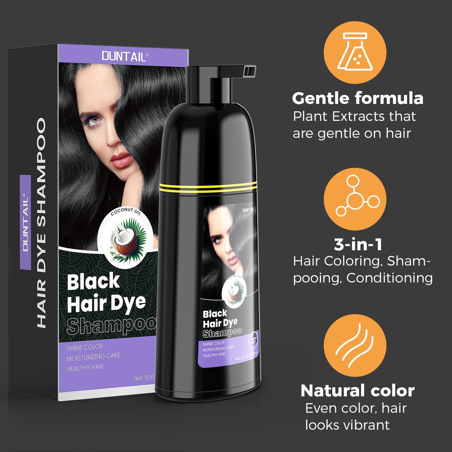 DUNTAIL Hair Dye Shampoo 3 in 1, Black, 17.6 Fl Oz - Gentle Formula for Gray Coverage, Hair Color Shampoo with Herbal Ingredients