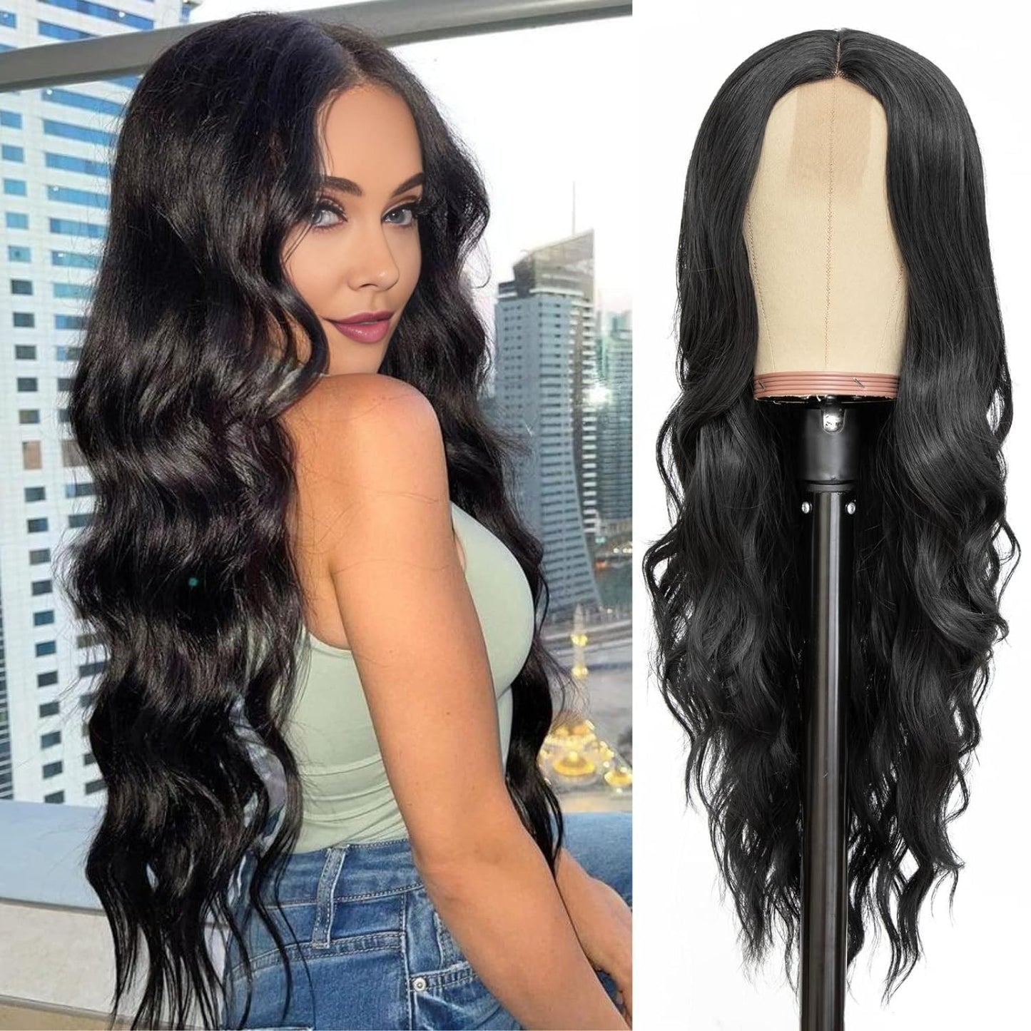 Long Black Wig Curly Black Long Hair Wigs for Women Upgraded Protein Fiber Wig(26'' Black)