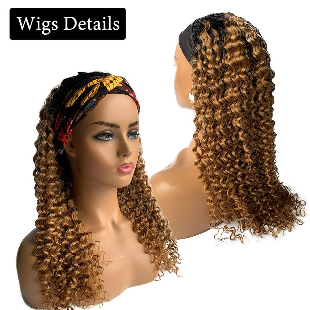 Glueless Headband Human Hair Wigs Deep Wave Ombre Natural Black to Strawberry Blonde Highlight No Lace Front Wigs 14 inch 150% Density Full Ends for Black Women with Pre-attached Scarf 1b27 Colored