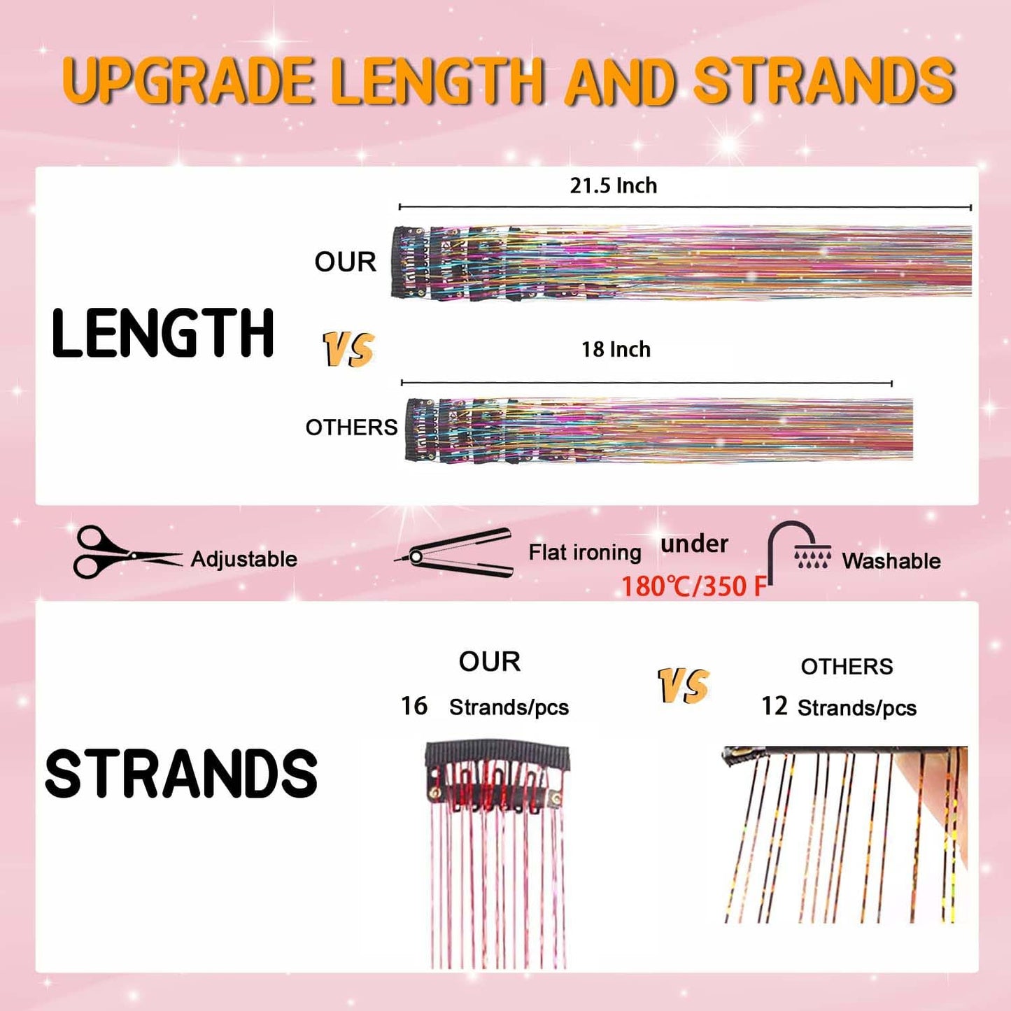 Hair Tinsel Clip in Tinsel Hair Extensions Purple Fairy Glitter Hair Tinsel Kit for Women Heat Resistant 21.5In 6Pcs Festival Hair Accessories for Party, Christmas, New Year, Halloween, Cosplay