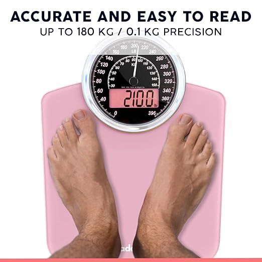 Adamson Hybrid 2-in-1 Analog & Digital Weighing Scale for Body Weight up to 400lbs + Thick Tempered Glass + Extra Large Display + Easy to Read Digital Bathroom Scale + New - Pink