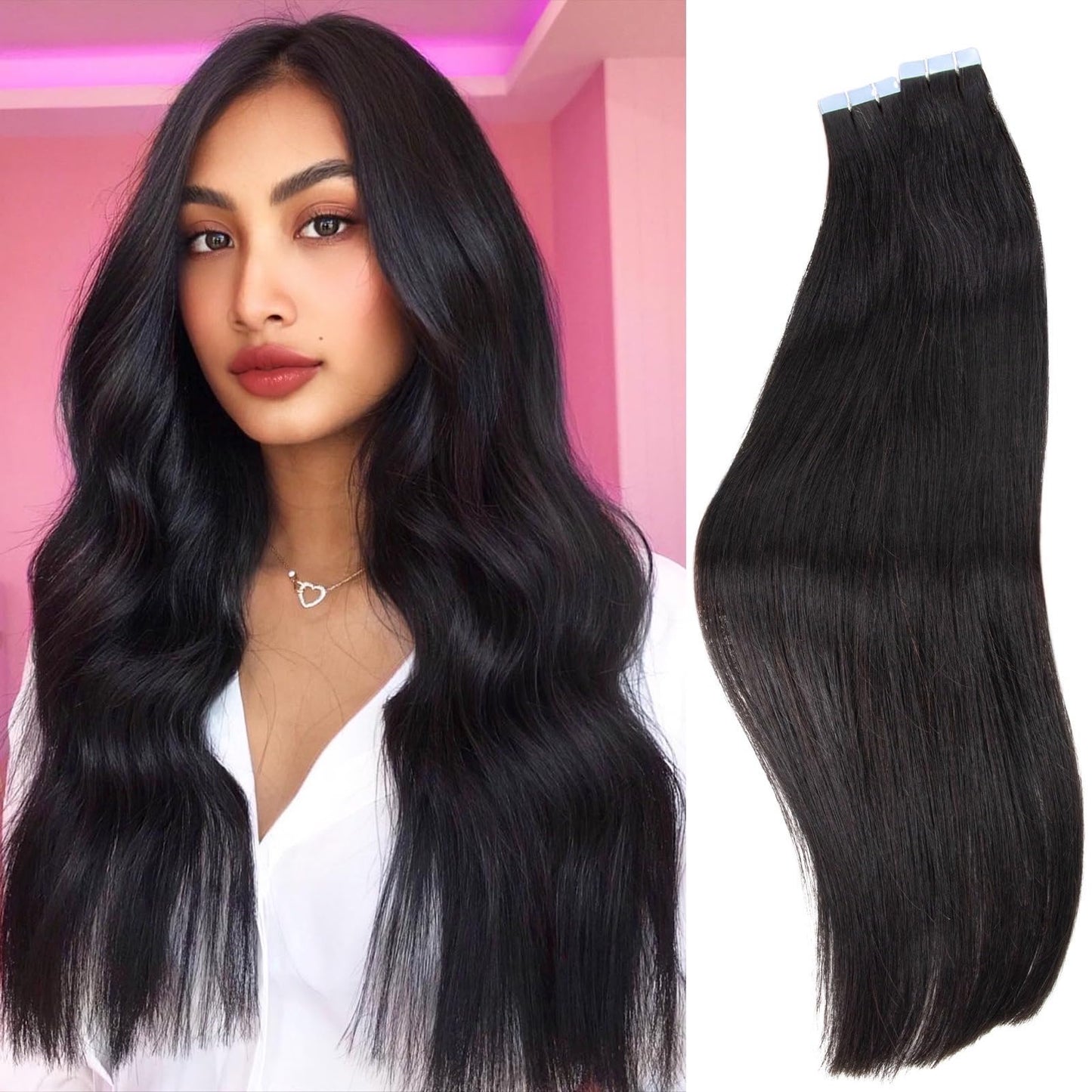 FEIPRO Silky Straight Tape ins Human Hair Girls Tape in Hair Extensions Human Hair Invisible Tape ins Seamless PU Skin Weft Soft Natural Black Long Hair Extension 24Inch 50g 20pcs/Pack