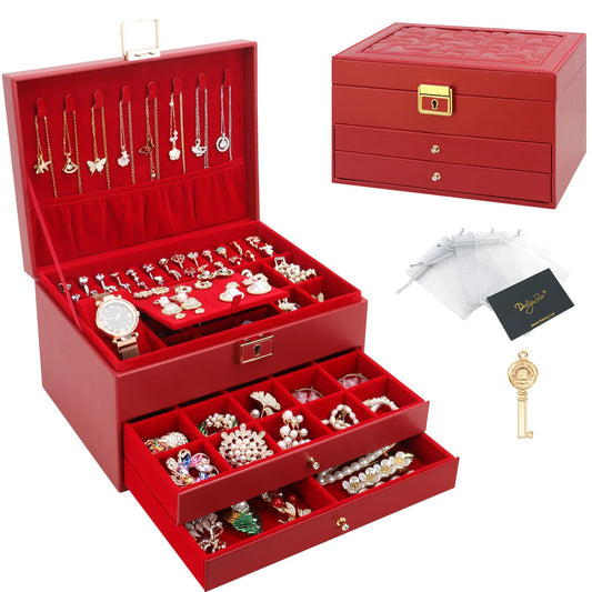 DesignSter Jewelry Box,Jewelry Organizer with 2 Drawers, 3 Layers Leather Jewelry Storage Box with Lock, Jewelry Storage Case for Necklaces Earrings Bracelets and Rings（Red）