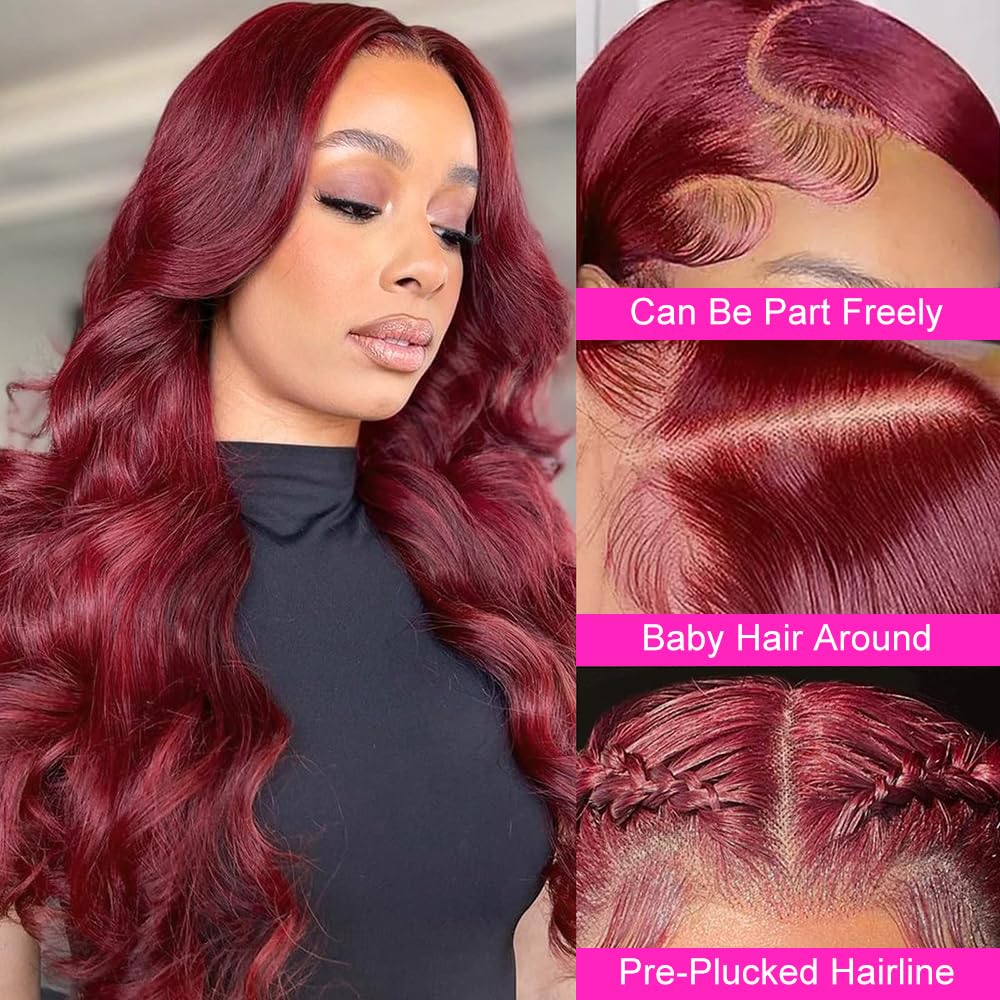 INVITEYOU 99J Burgundy Lace Front Wigs Human Hair 180% Density Wine Red Wig Human Hair Pre Plucked with Baby Hair 13x4 Body Wave HD Transparent Lace Front Wigs for Black Women(18inch)