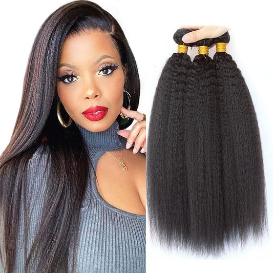 Color 1B Human Hair Yaki Straight Bundles Human Hair Kinky Straight Weave Bundles Brazilian Human Hair Weave Extensions Double Weft Remy Hair Soft and Silky for Black Women (18 20 22 inch）