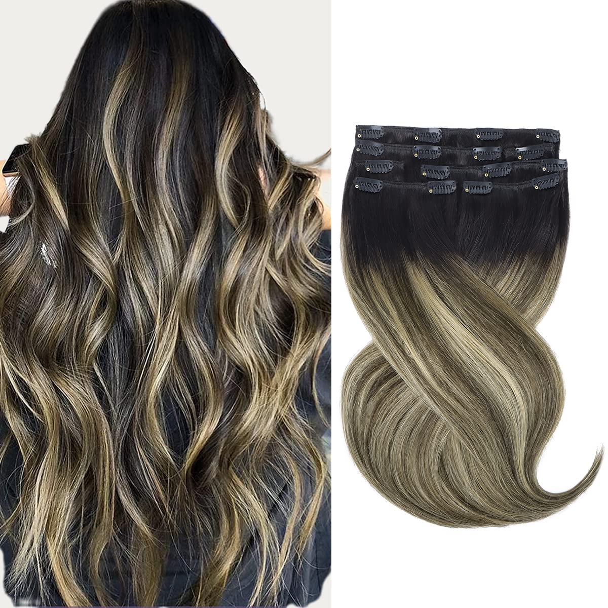 Marat Hair Extensions Clip in Human Hair, Natural Black to Light Blonde Clip in Hair Extensions 14 inch 120g Straight Clip in Hair Extensions Human Hair