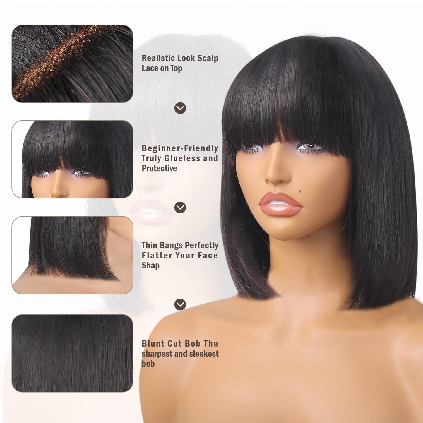 HAIRHOBBY Wigs With Bangs Human Hair, 12 IN Realistic Look Natural Straight 2x1 HD Lace Glueless Bangs Wigs For Woman, Wear And Go Brazilian Virgin 180% Density Short Blunt Cut Wigs