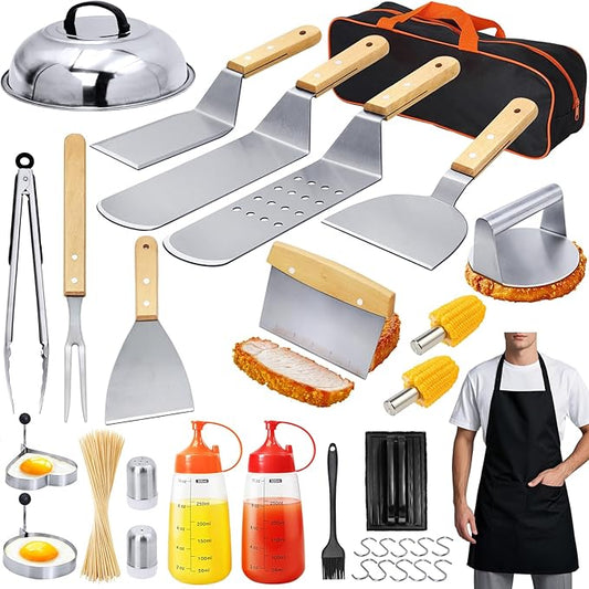 33PCS Griddle Accessories Kit, Flat Top Grill Accessories Set for Blackstone and Camp Chef, Stainless Steel Grill Spatula Set with Enlarged Spatulas, Basting Cover, Burger Press for Outdoor Barbecue