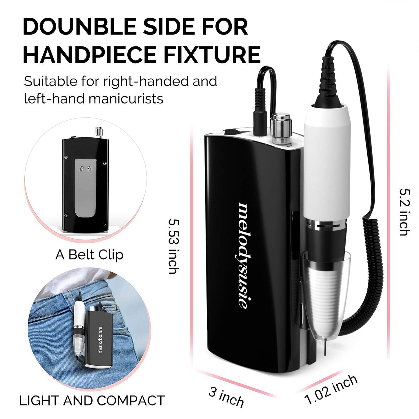 MelodySusie Professional Nail Drill - 30000 rpm Rechargeable Portable Nail Drills with 6 Bits and 106 Sanding Bands, Cordless Electric File Machine for Acrylic Nails Polish with 300Pcs Sanding Bands