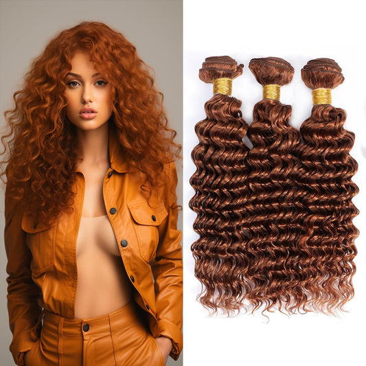 Color 30 Deep Wave Bundles Human Hair Light Brown Loose Deep Curly Bundles #30 Human Hair Bundles 24 26 28 inch Double Weft Brazilian Remy Hair Silky and Soft Weave Extensions For Black Woman