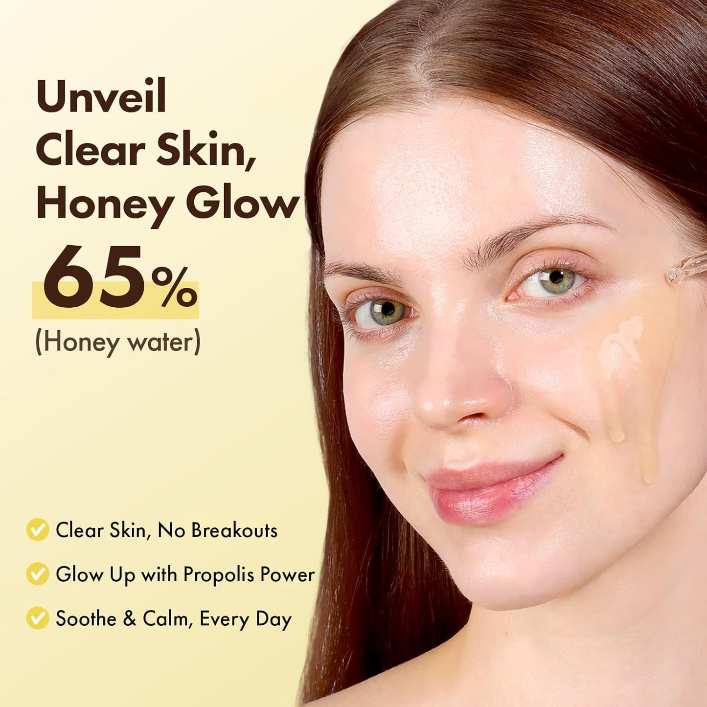 Honey Glow 65% Propolis Serum, Hyaluronic Acid, Kojic Acid, Niacinamide, Hydrating Facial Soothing Moisturizer for Irritated Uneven Skin Tone, Glass Skin, Korean Skin Care, 33ml, 1.11 fl.oz.
