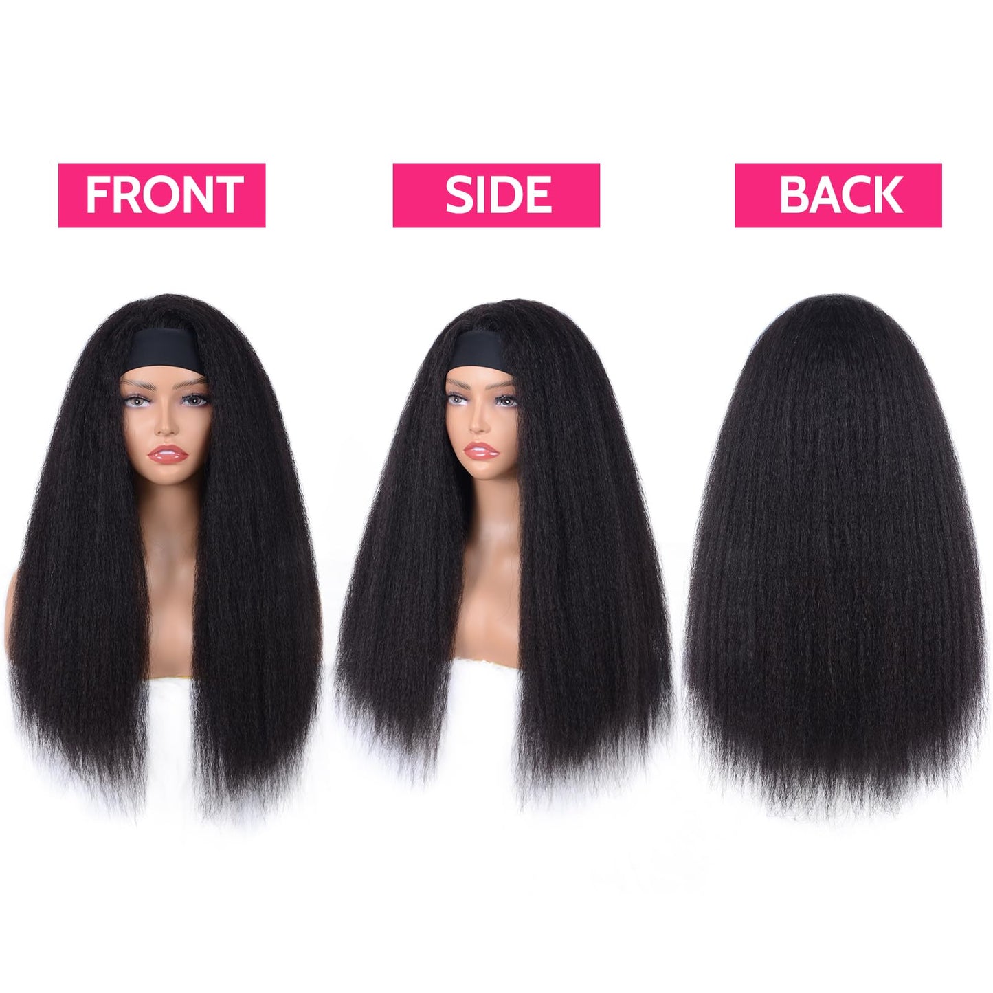 ME-U Headband Wig Human Hair Kinky Straight Guleless Wigs for Black Women Wear and Go 180% Density Yaki Straight Wig No Lace Natural Black Color 30 Inch