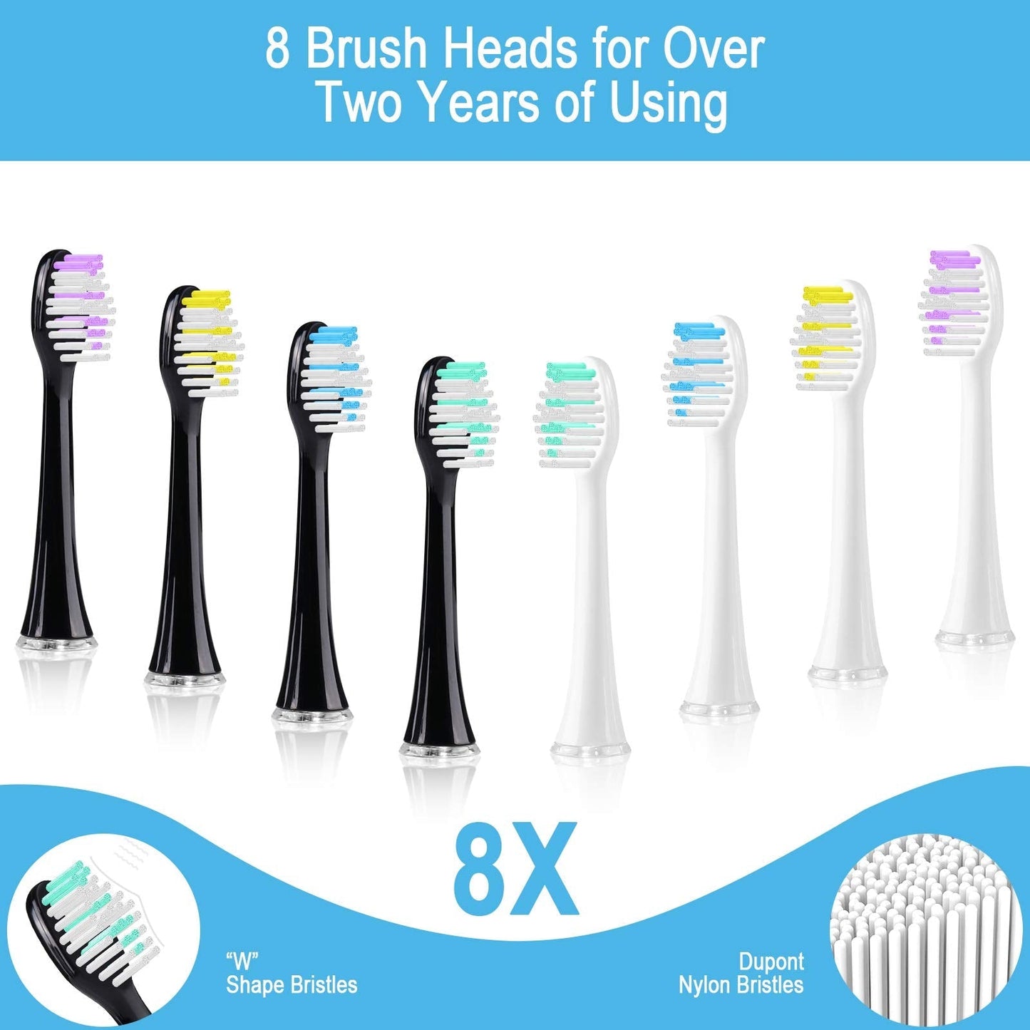 Electric Toothbrush, Whitening Sonic Toothbrush Dual Handles with 8 Bursh Heads, for Adults and Kids, 48,000 VPM - 3 Modes - Smart Timers - 4 Hours Charging for 45 Days Use (Mix-2 Handle)