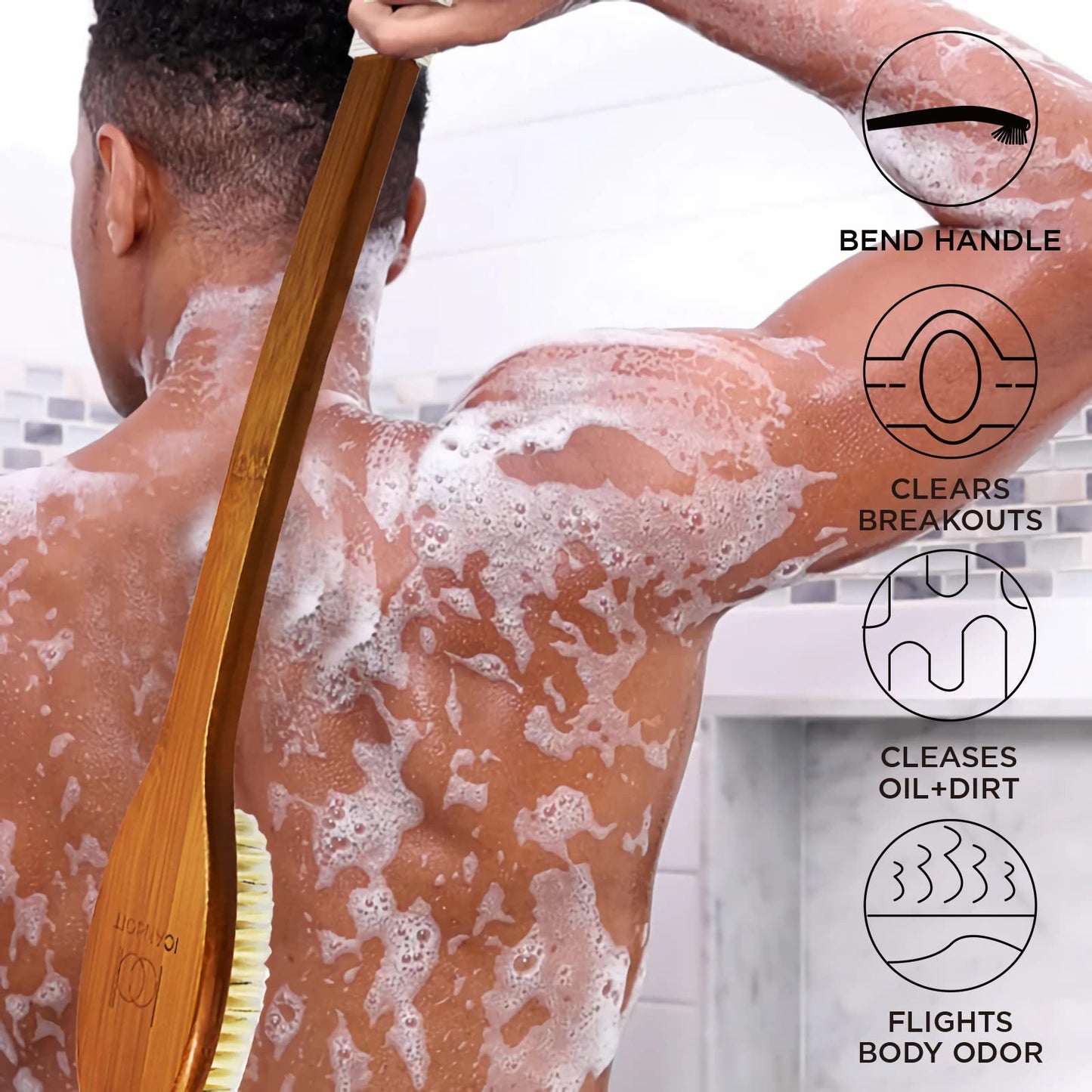 ICANdOIT-19.68Inch Natural Stiff Sisal Bristles Anti-Slip Extra Long Handle Bath Brush,Bent Handle Shower Scrubber for Exfoliating,Shower Back Brush,Exfoliation Set with Pumice Stone(2 Pack)