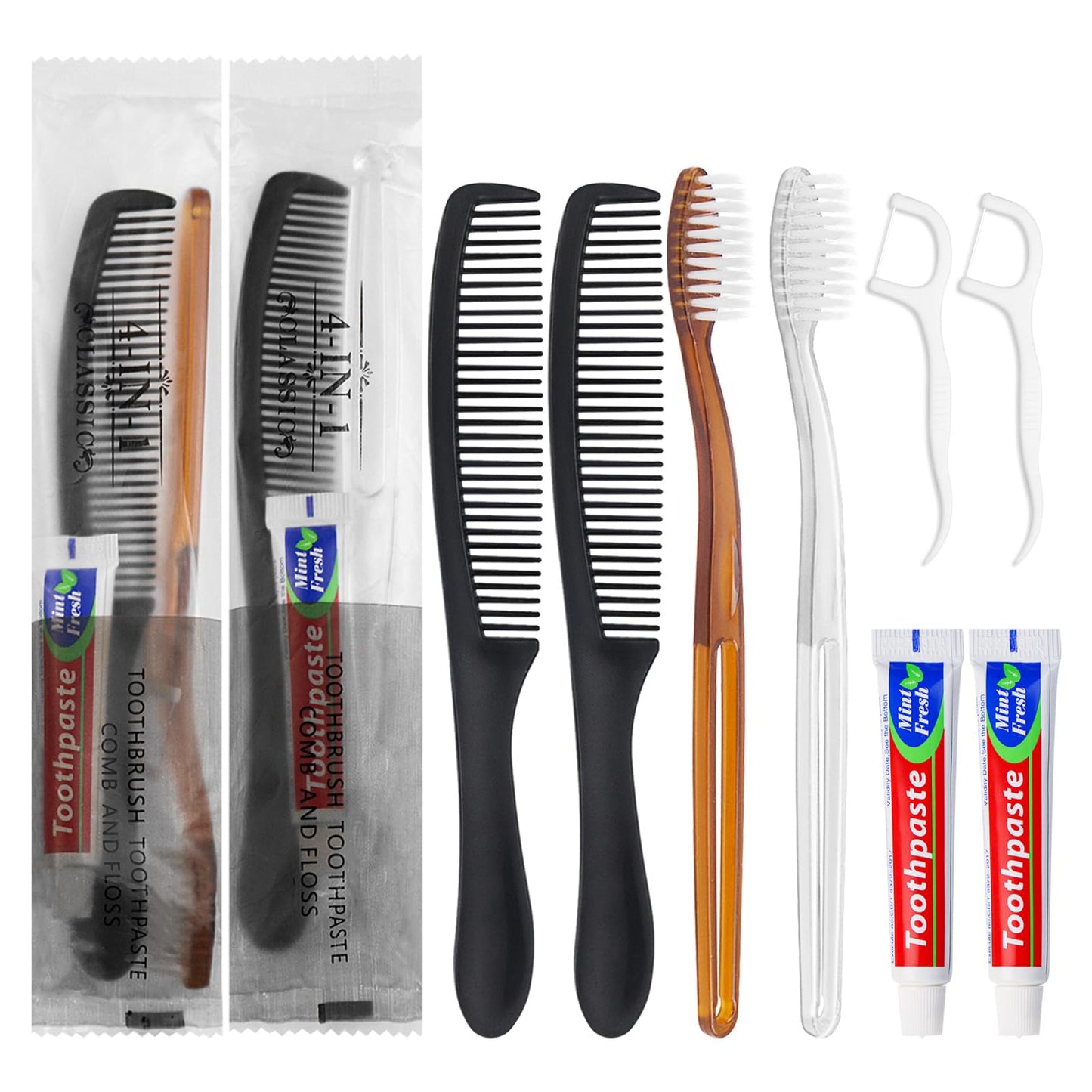 Gisdo 10pcs Disposable Toothbrushes with Toothpaste and Comb Floss Individually Wrapped,4-in-1 Bulk Toothbrush Kit with 2 Color Toothbrush,10 grams Toothpaste,7 inch Comb,Floss Pick for Homeless,Hotel