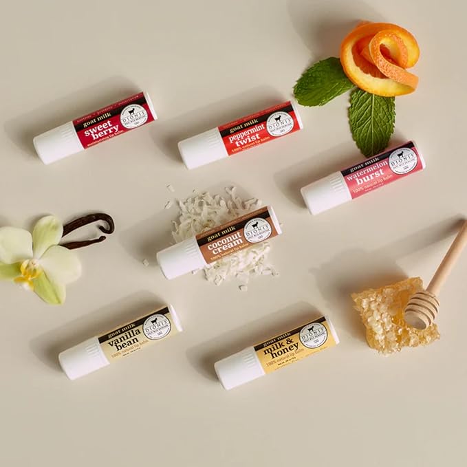 Dionis Goat Milk Skincare Lip Balm Set, Beeswax, Shea Butter & Coconut Oil Self Care Made in The USA, Cruelty Free, Paraben Free Hydrating Moisturizer for Dry Lips, Candy Box Assorted Scents, 0.28oz