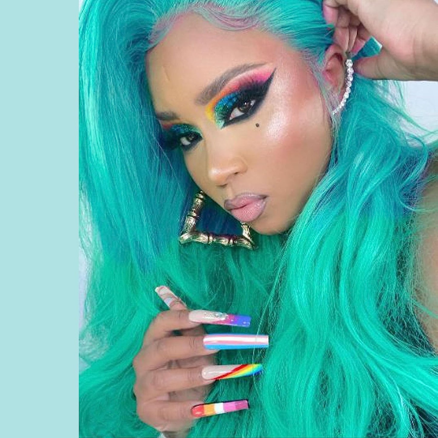 Long Green 2T Ombre Body Wave Synthetic Lace Front Wigs for Women Free Part Natural Hairline Glueless Wigs Light Green Ombre Green Body Wave Curly Heat Resistant Fiber Hair Replacement Wig Cosplay