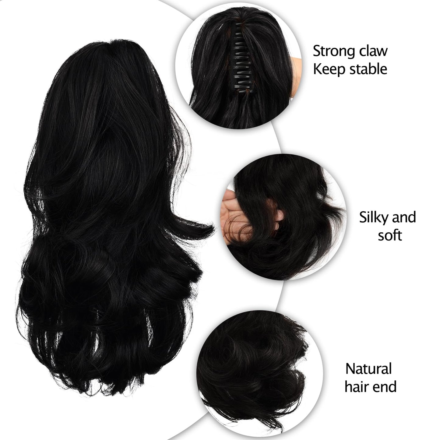 RICH BRIA Ponytail Extensions Real Human Hair Claw Clip in Pony Tails for Women Curly Ponytails Hair Extension 10 inch Jet Black 2.47oz