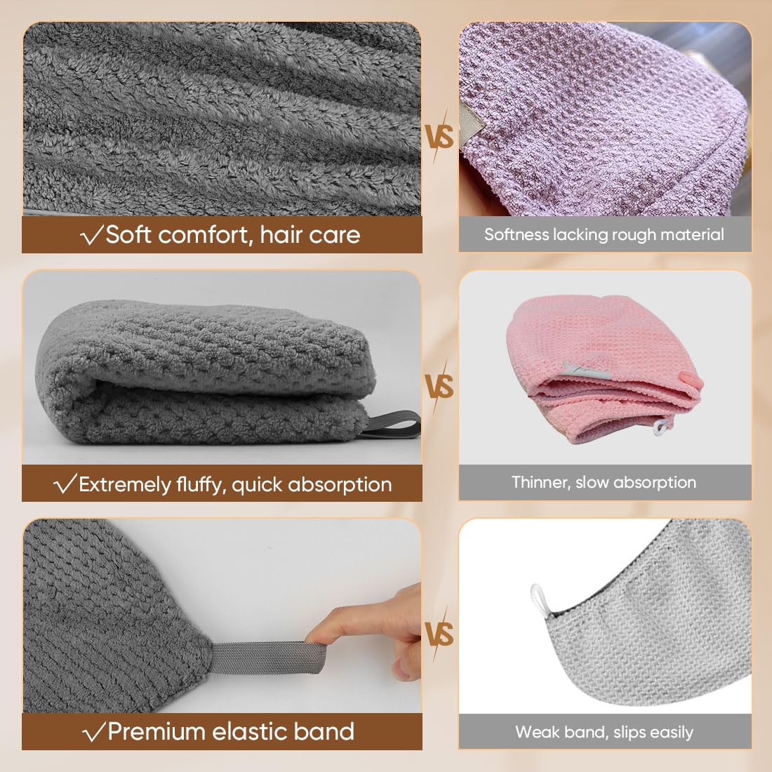 HOMEXCEL Microfiber Hair Towel Wrap, 2 Pack Hair Turbans for Wet Hair, Super Absorbent Dry Hair Towel Wrap for Curly Hair, Anti Frizz Microfiber Towel for Women, 26 x 10 inch, Grey