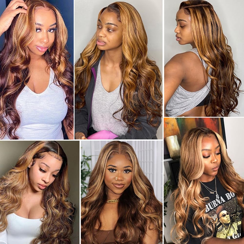 YiweYowe 22 Inch Highlight Brown Body Wave Headband Wig Human Hair No Lace Wig 150% Density Brazilian Virgin Hair Wig P4/27 Honey Blonde Wig Human Hair Grade 8A Machine Made Headband Wig
