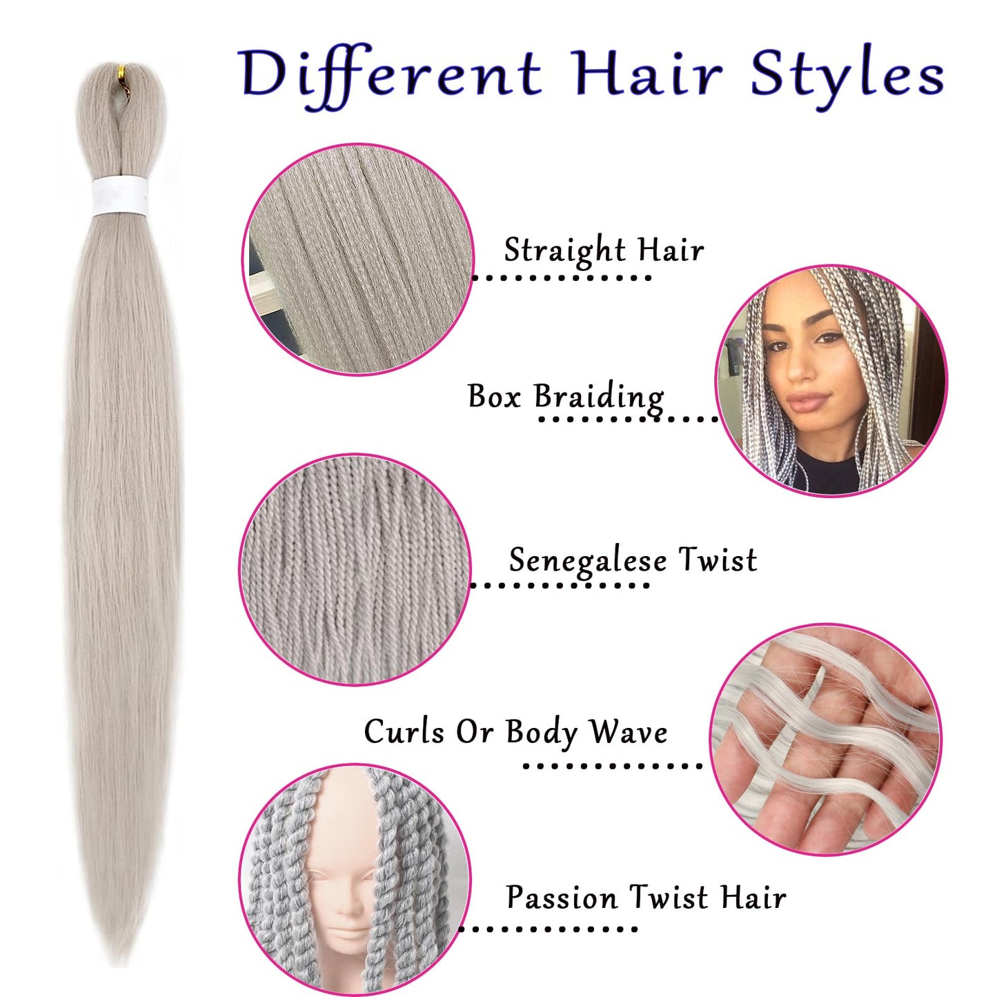 Coriario Silver Grey Pre Stretched Braiding Hair 26 inches 4 Pack Prestretched Braiding Hair Long Knotless Yaki Braiding Hair Kinky Synthetic Hair for Braiding Gray