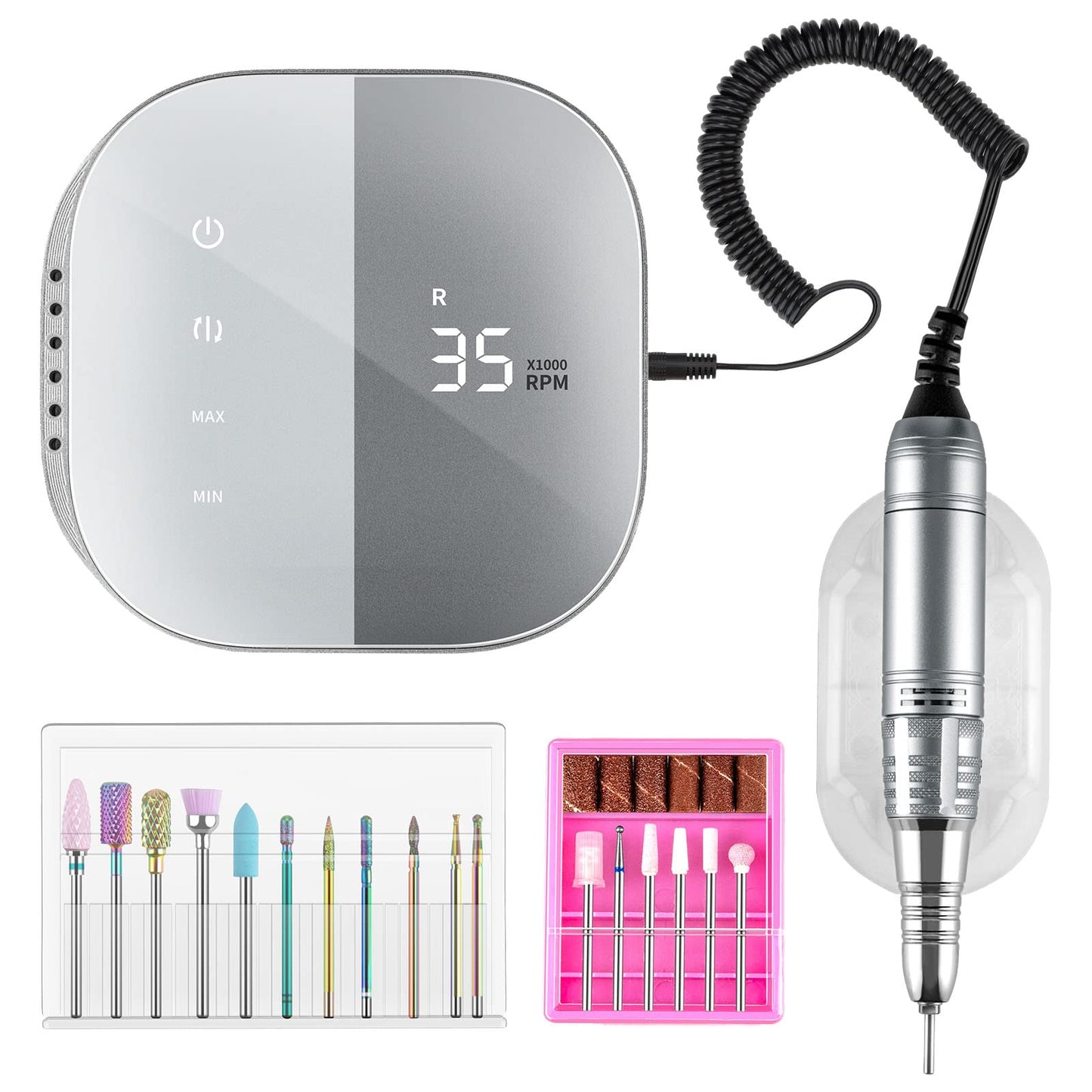 Madenia Professional Nail Drill Machine for Acrylic Nails and 11pcs Tungsten Carbide Nail Drill Bits, Gray